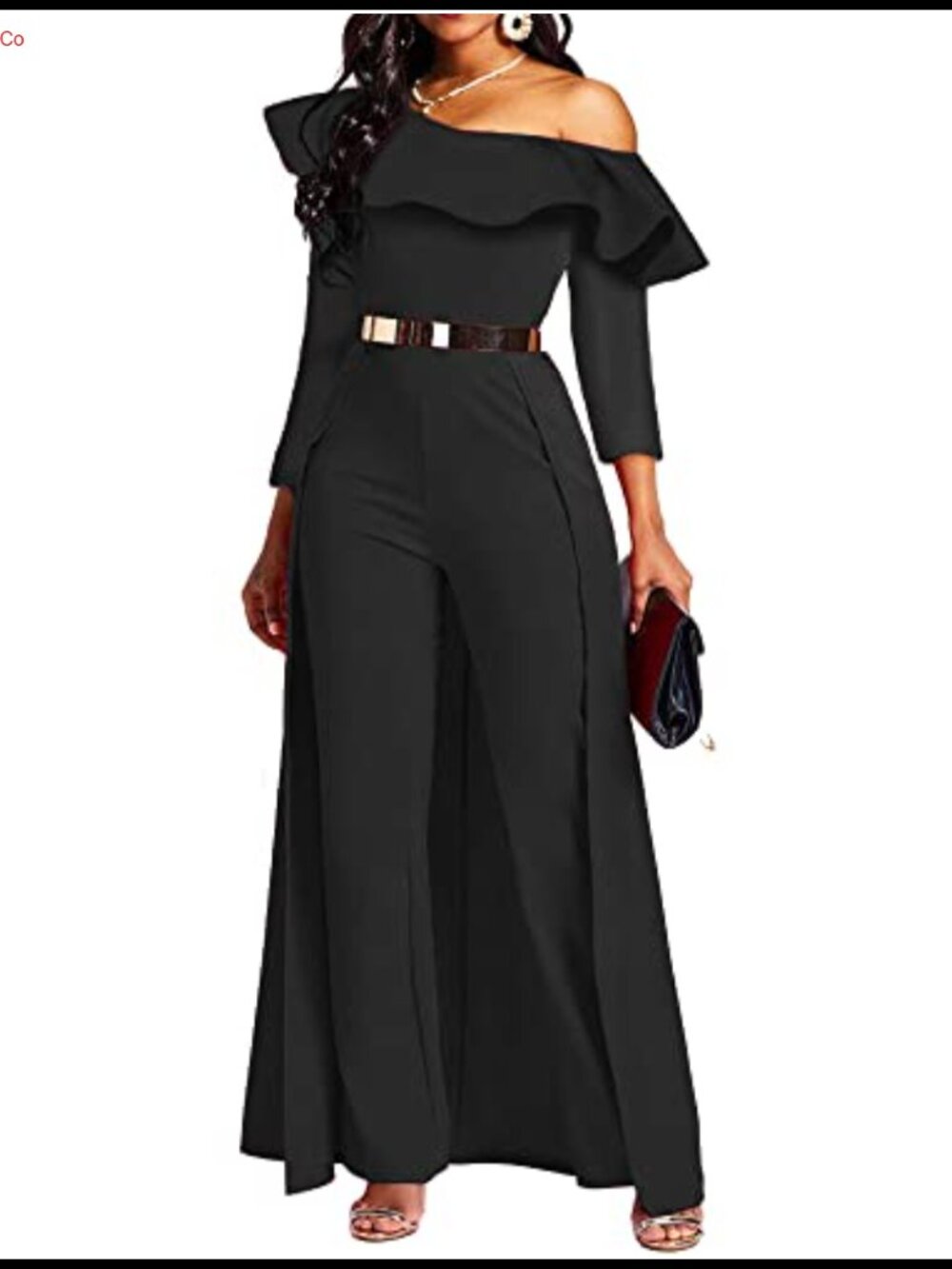 Twilled Satin One Shoulder Long Sleeve Jumpsuit Patchwork Ruffle